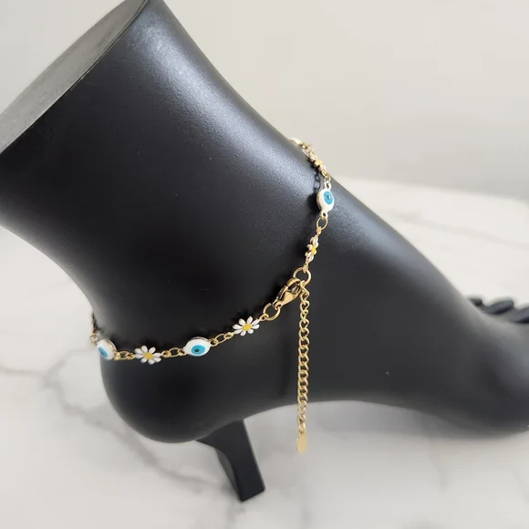 Stainless Steel White Blossom Evil Eye Gold Plated Floral Charm Anklet Bracelet - Picture 12 of 15